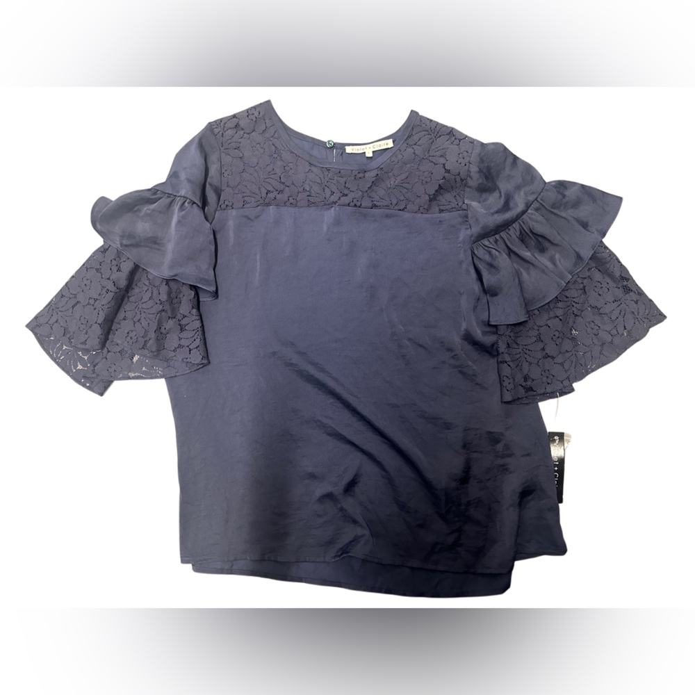 Violet & Claire Women's Navy Lace-Accent Ruffle Sleeve Top